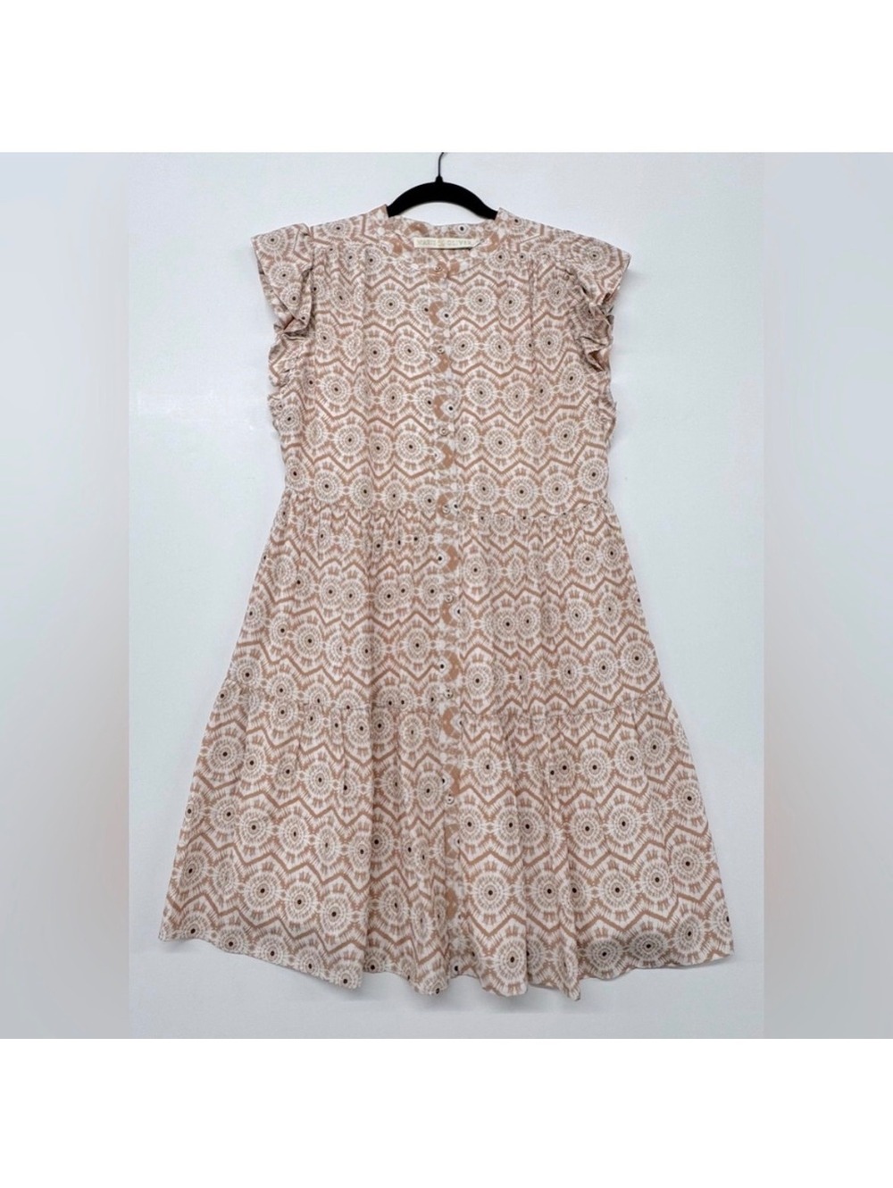 Marie Oliver Beige and White Patterned Ruffle Sleeve Dress